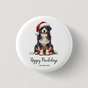 Australian Shepherd Wrapped in Christmas Light 1 Inch Round Button