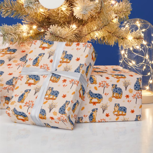Australian Shepherds Autumn Leaves Bushes Pattern  Wrapping Paper (Holidays)