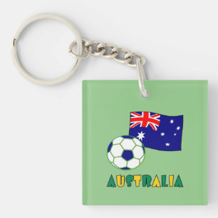 Australian Soccer Ball and Flag Green Background Keychain