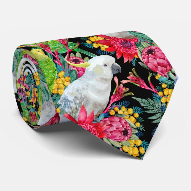 Australian Summer Tropical Parrot Black Neck Tie (Rolled)