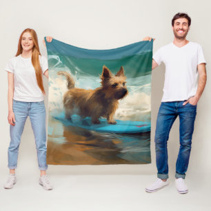 Australian Terrier Beach Surfing Painting  Fleece Blanket