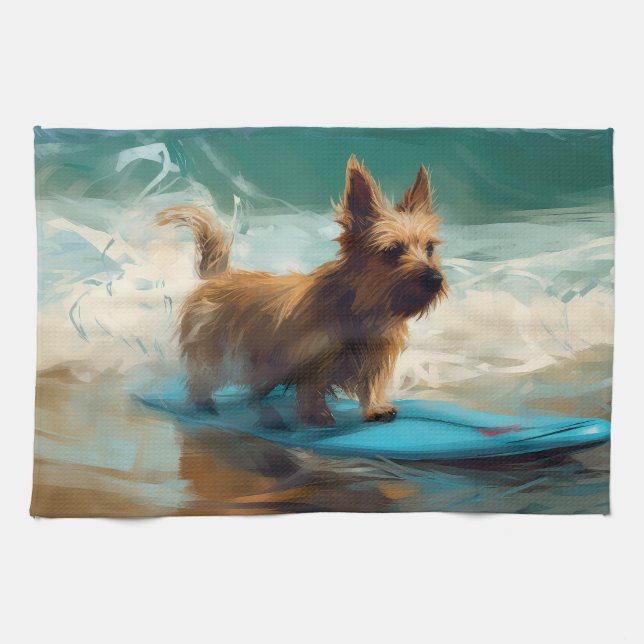 Australian Terrier Beach Surfing Painting  Kitchen Towel (Horizontal)