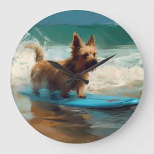 Australian Terrier Beach Surfing Painting  Large Clock