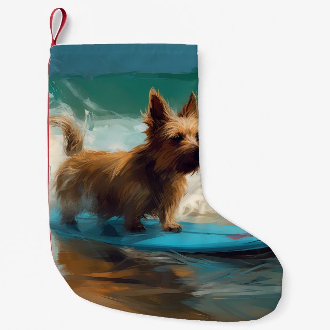 Australian Terrier Beach Surfing Painting  Small Christmas Stocking (Front)