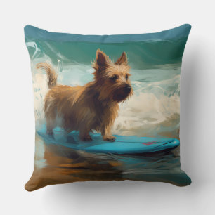Australian Terrier Beach Surfing Painting Throw Pillow