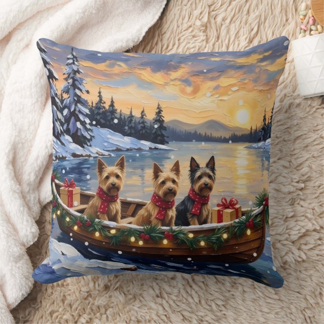 Australian Terrier Christmas Boat Holiday Throw Pillow (Blanket)
