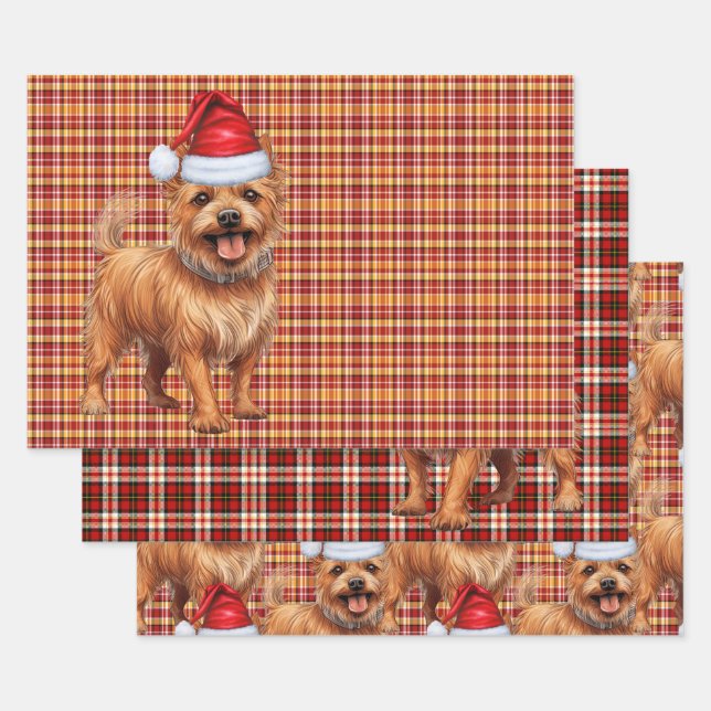Australian Terrier Christmas Dog Red Plaid Wrapping Paper Sheet (Set)
