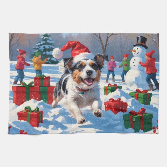 Australian Terrier Christmas Festive Snow Scene Kitchen Towel (Horizontal)
