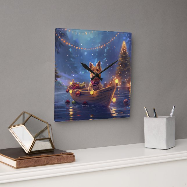 Australian Terrier Christmas Festive Voyage Square Wall Clock (Office)