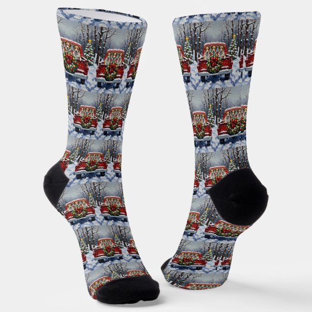 Australian Terrier Christmas Red Truck Holiday Socks (Angled)