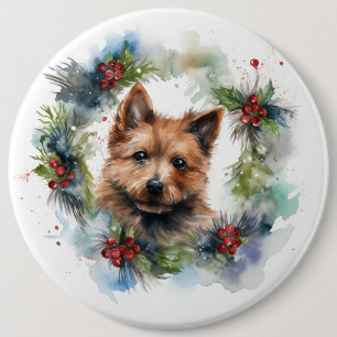 Australian Terrier Christmas Wreath Festive Pup 6 Inch Round Button