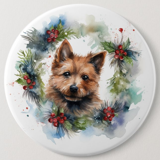 Australian Terrier Christmas Wreath Festive Pup  6 Inch Round Button (Front)