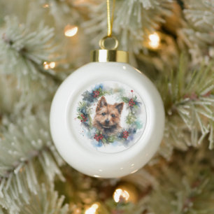 Australian Terrier Christmas Wreath Festive Pup  Ceramic Ball Christmas Ornament