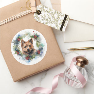 Australian Terrier Christmas Wreath Festive Pup Classic Round Sticker