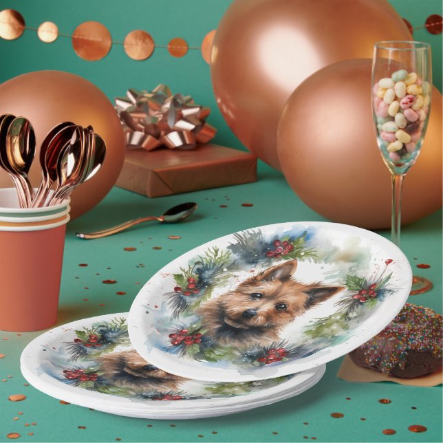 Australian Terrier Christmas Wreath Festive Pup  Paper Plate (Multi)