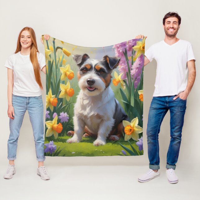 Australian Terrier Dog Spring Flowers Painting Fleece Blanket (In Situ)
