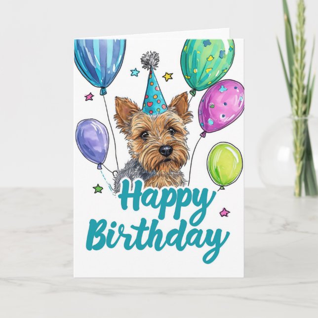 Australian Terrier Dog with Balloons Birthday Card (Front)