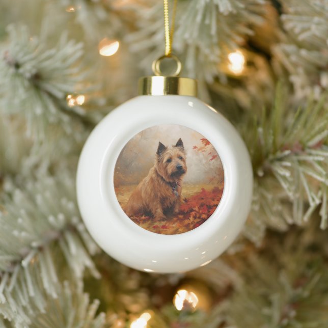 Australian Terrier in Autumn Leaves Fall Inspire Ceramic Ball Christmas Ornament (Tree)