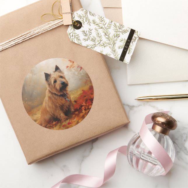 Australian Terrier in Autumn Leaves Fall Inspire Classic Round Sticker (Gifting)