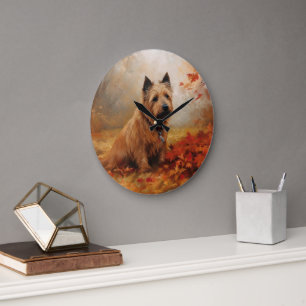 Australian Terrier in Autumn Leaves Fall Inspire Large Clock