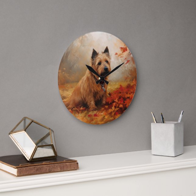 Australian Terrier in Autumn Leaves Fall Inspire Large Clock (Office)