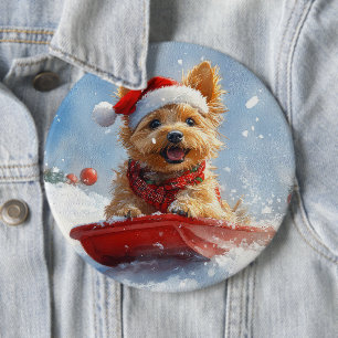 Australian Terrier in Sledge Let it Snow Christmas 6 Inch Round Button