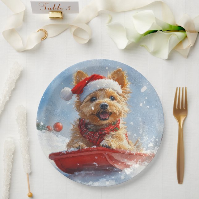 Australian Terrier in Sledge Let it Snow Christmas Paper Plate (Wedding)