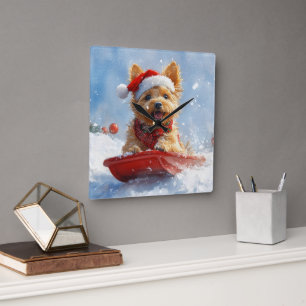 Australian Terrier in Sledge Let it Snow Christmas Square Wall Clock