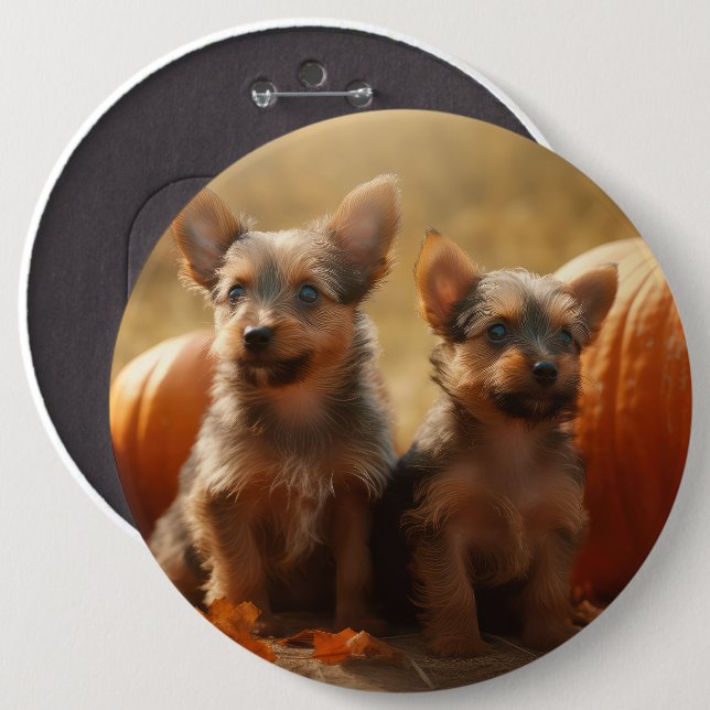 Australian Terrier Puppy Autumn Delight Pumpkin 6 Inch Round Button (Front & Back)