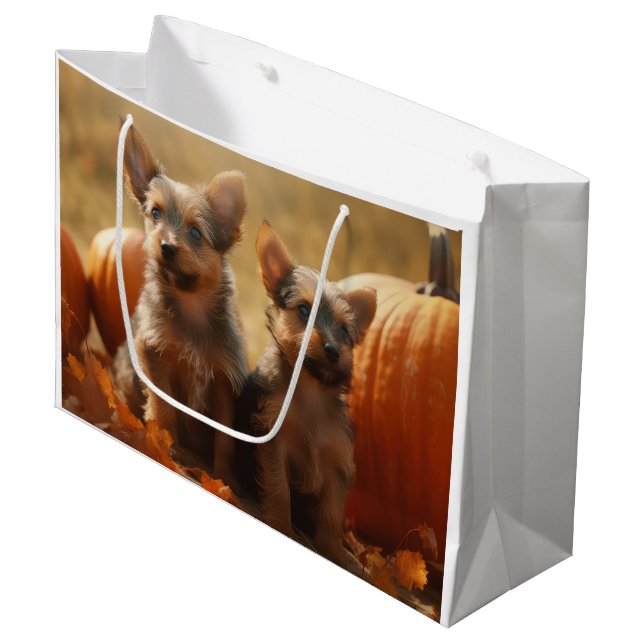 Australian Terrier Puppy Autumn Delight Pumpkin Large Gift Bag (Front Angled)
