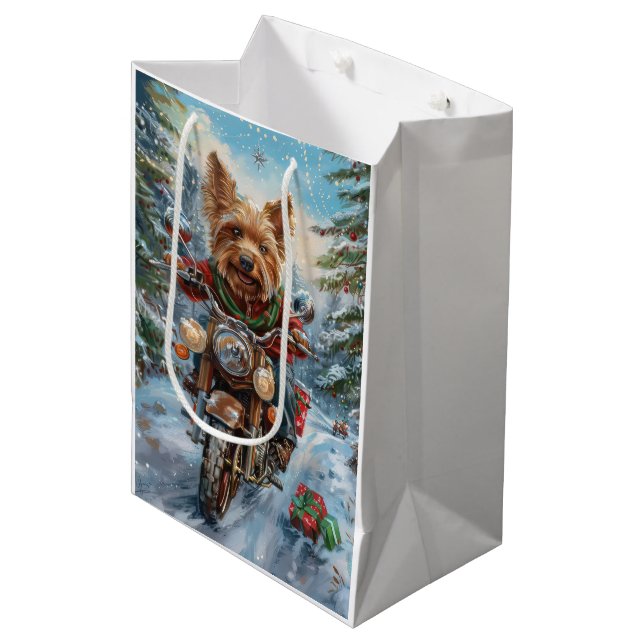 Australian Terrier Riding Motorcycle Christmas Medium Gift Bag (Front Angled)