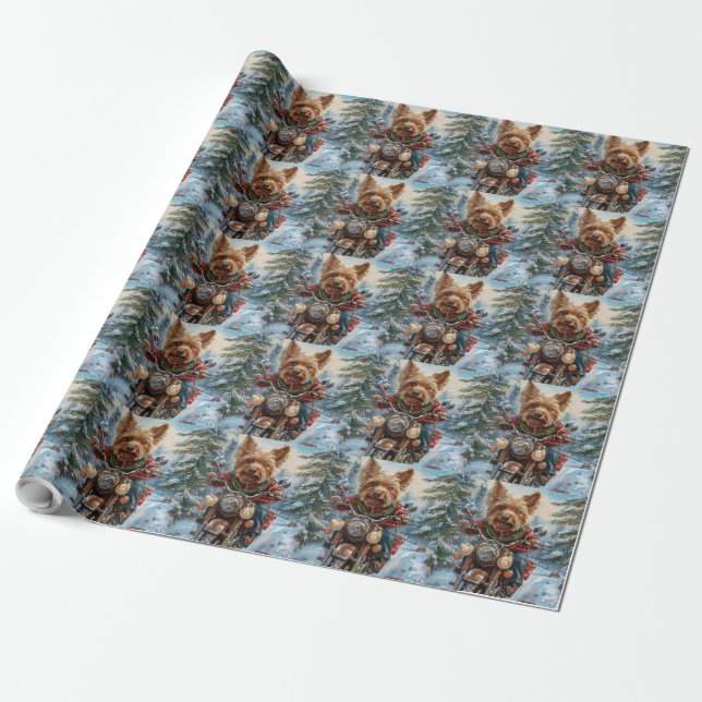 Australian Terrier Riding Motorcycle Christmas Wrapping Paper (Unrolled)