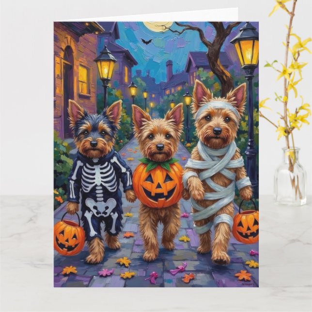 Australian Terrier Trick-or-Treating in Halloween Card (Yellow Flower)