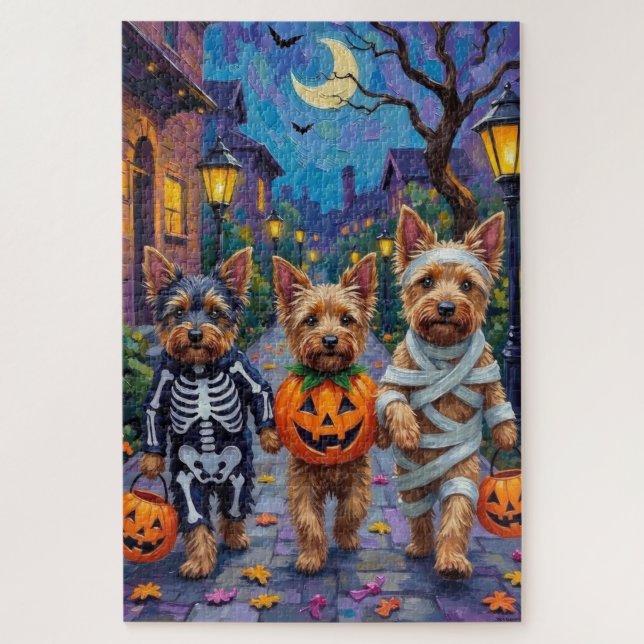 Australian Terrier Trick-or-Treating in Halloween Jigsaw Puzzle (Vertical)