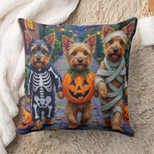 Australian Terrier Trick-or-Treating in Halloween Throw Pillow