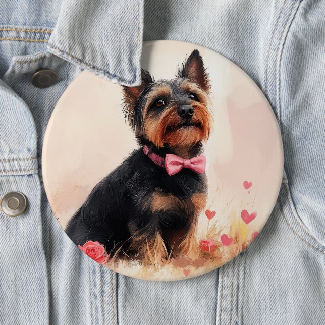 Australian Terrier with Roses - Valentine's Day 6 Inch Round Button (In Situ)