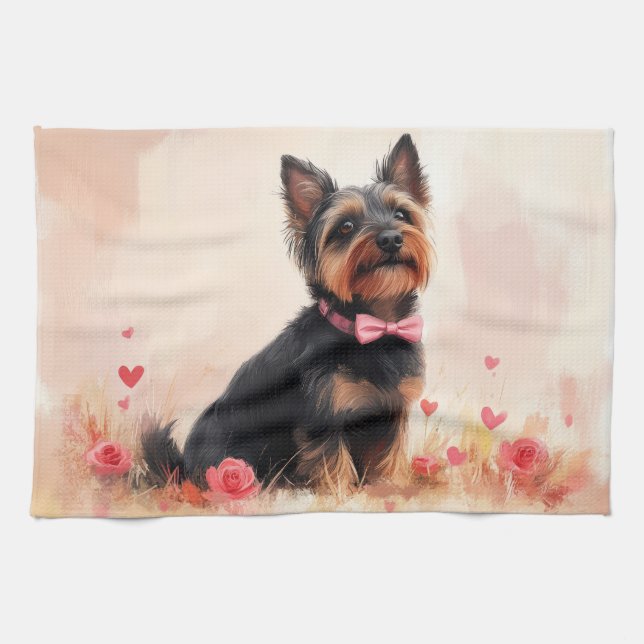 Australian Terrier with Roses - Valentine's Day Kitchen Towel (Horizontal)