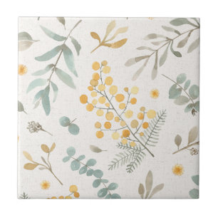 Australian wattle and eucalyptus watercolor floral tile