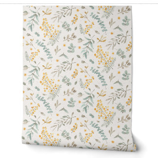 Australian wattle and eucalyptus watercolor floral wallpaper