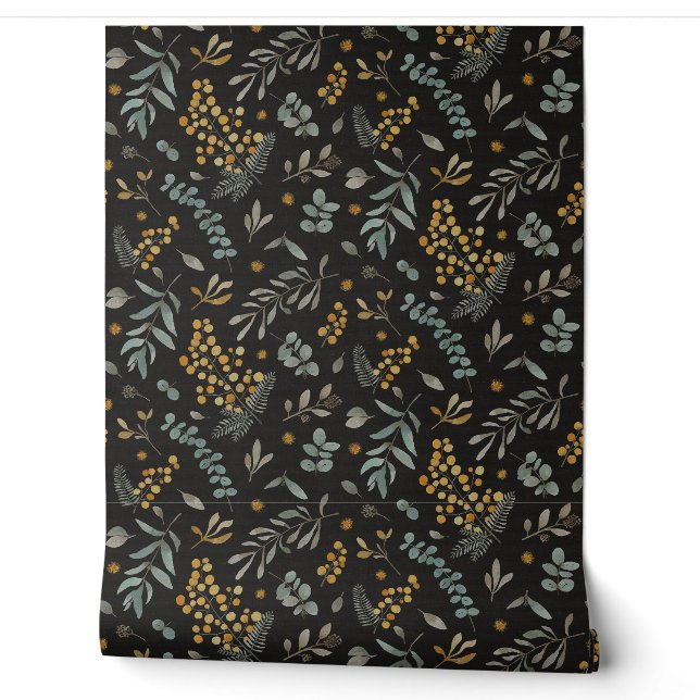 Australian wattle eucalyptus floral black wallpaper (Unrolling)