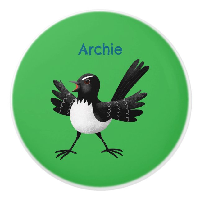 Australian Willie Wagtail cartoon personalized Ceramic Knob (Front)