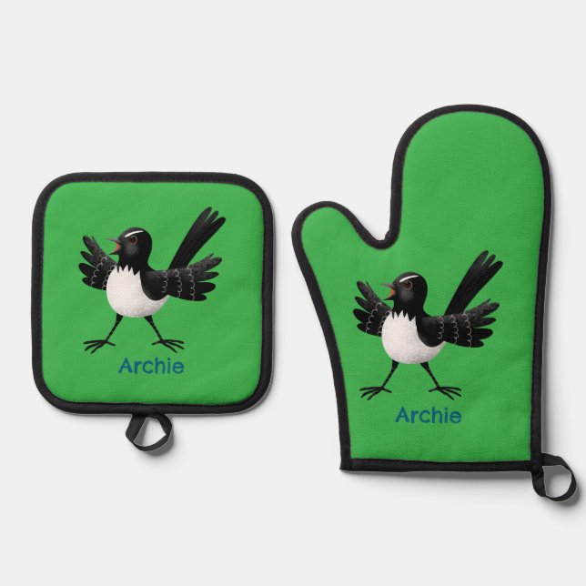 Australian Willie Wagtail cartoon personalized Oven Mitt & Pot Holder Set (Front)