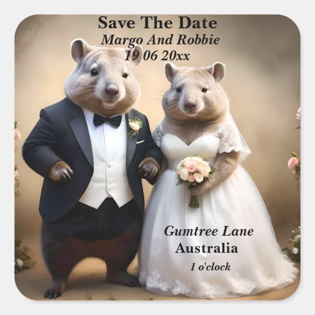 Australian Wombat Wedding Save The Date, Square Sticker (Front)