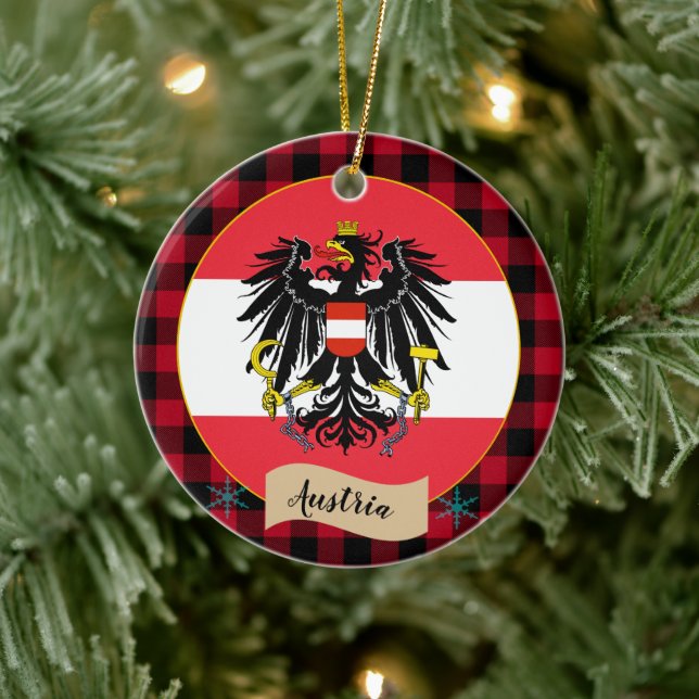 Austria, Red buffalo plaid & Austrian Flag Ceramic Ornament (Tree)