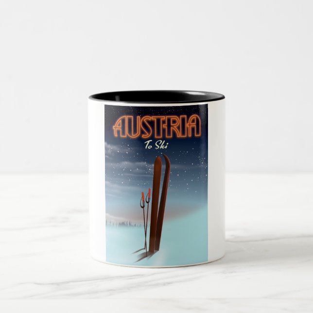 Austria To Ski - Winter ski travel poster to the A Two-Tone Coffee Mug (Center)
