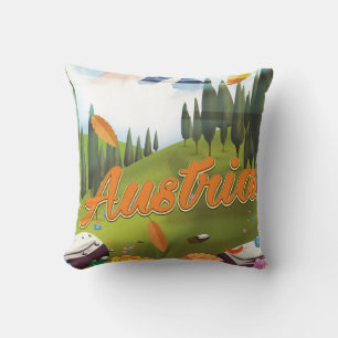 Austrian cartoon travel poster throw pillow