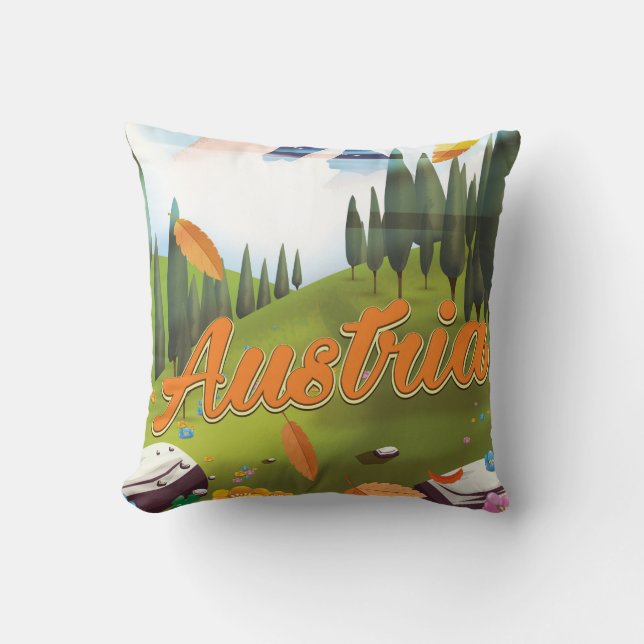 Austrian cartoon travel poster throw pillow (Front)