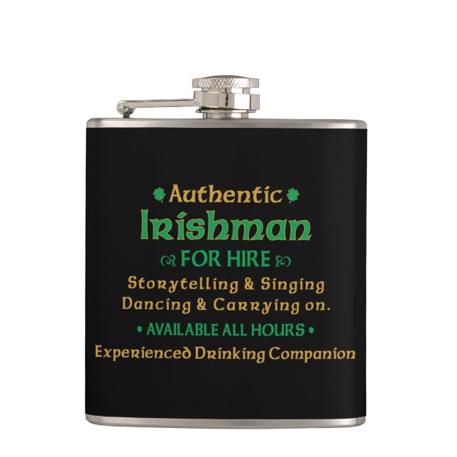 Authentic Irishman For Hire Funny Hip Flask (Front)