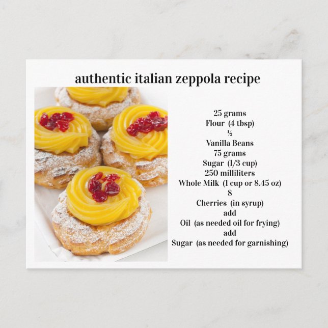 Authentic Italian Zeppola Recipe Postcard (Front)