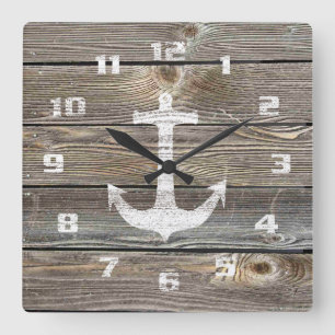 Authentic looking Wood Rustic Nautical Anchor Square Wall Clock